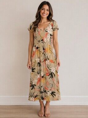Patrons of Peace NEW Womens M Floral Midi Dress Hawaiian Tropical